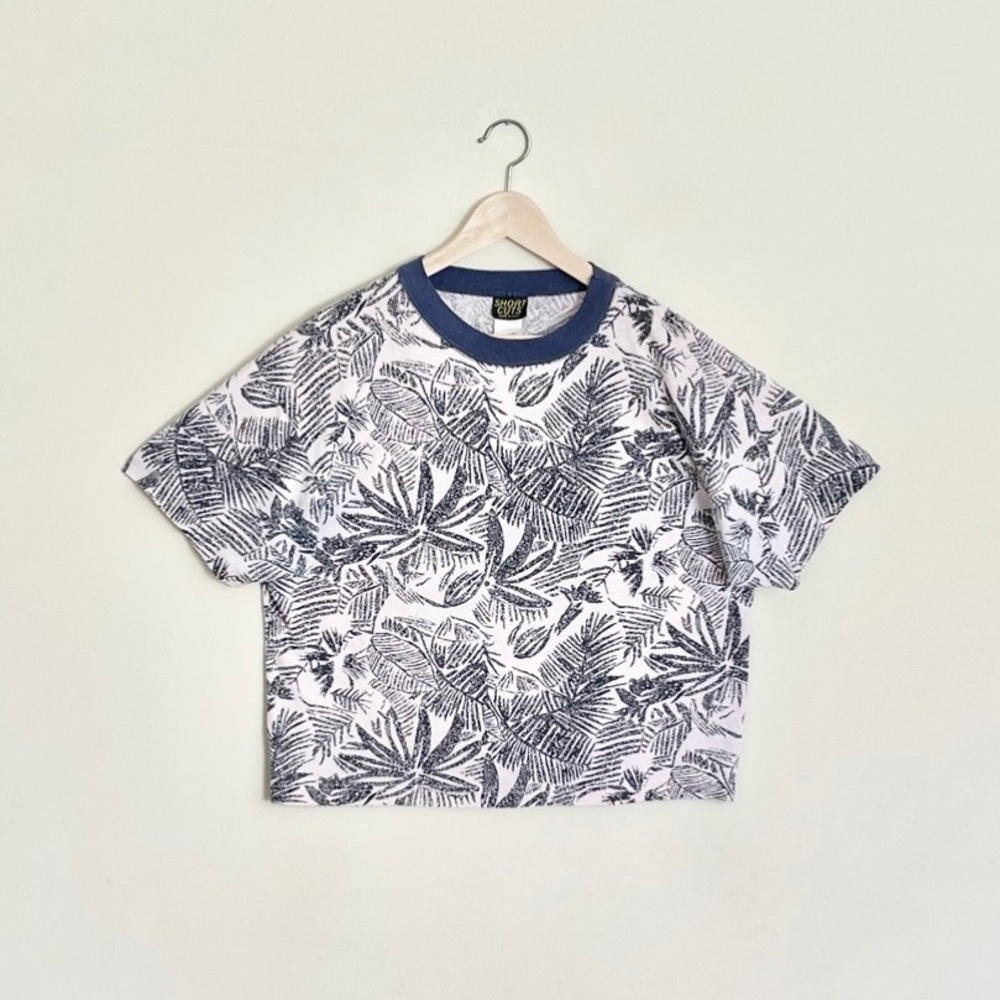 Vintage 80s Short Cuts Palm Leaf Print Beach Skater Cropped T Shirt Adult Large